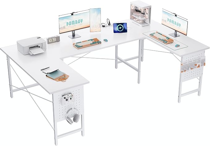 Pamray 71 Inch Large Gaming Desk with Power Outlets U Shaped Computer Desk | Spacious Workspace with USB Charging Ports & Pegboard & Headphone Hooks Suitable for PC Gaming Office Work Study and Writing - Image 2