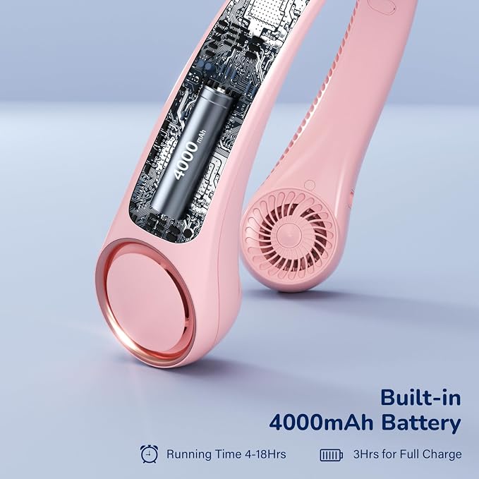 Morelax Neck Fan, USB Rechargeable Personal Fan, 3 Speeds Adjustable, Large air outlet Powerful Strong Wind, Adjustable, 360° Cooling, Super Quiet, No Blade Design, No Hair Twisting, Small (Pink) - Image 7