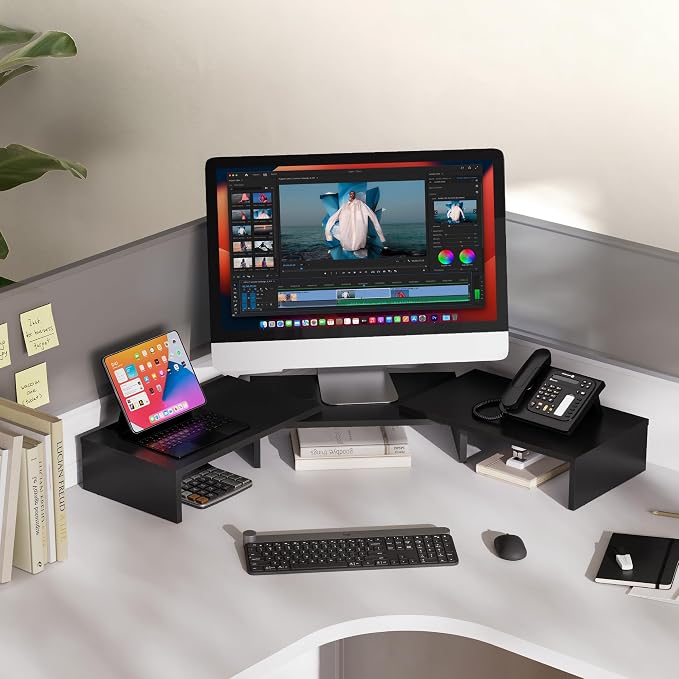 FITUEYES Dual Monitor Stand Riser, Adjustable Length and Angle, Black | Wooden 3-Shelf Design, Supports up to 55lbs, Flexible for Standard Corner Space, Holds Monitor, Laptop, Phone, Printer - Image 3