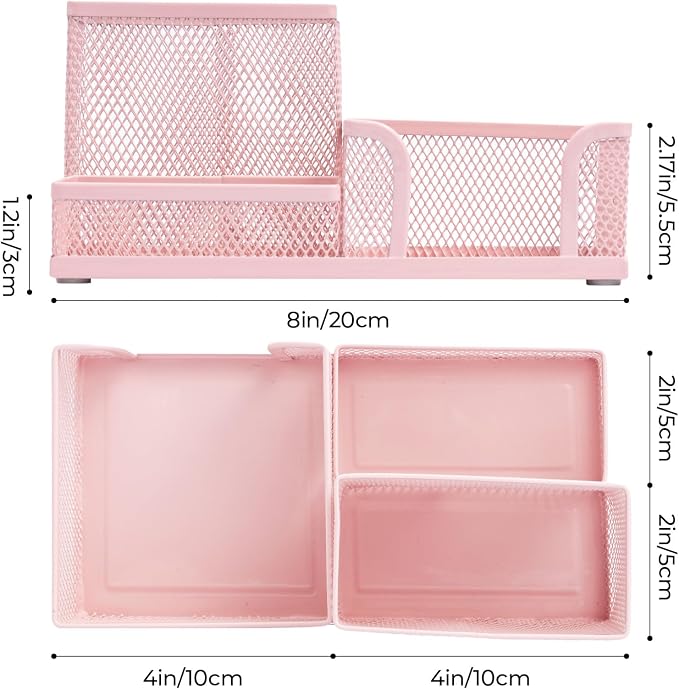 M&G Mesh Pen Holder Desk Organizers Pencil Holder for Desk Pink, 3 Compartments Metal Office Supply Organizer with Sticky Notes Holder for Home Office - Image 2