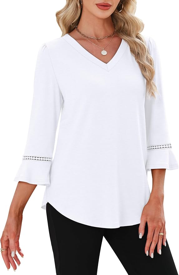WIHOLL Womens Blouses Dressy Casual 3/4 Length Sleeve Tops Lace Trendy 2026 Spring Summer V Neck Shirts Vacation Outfits - Image 3