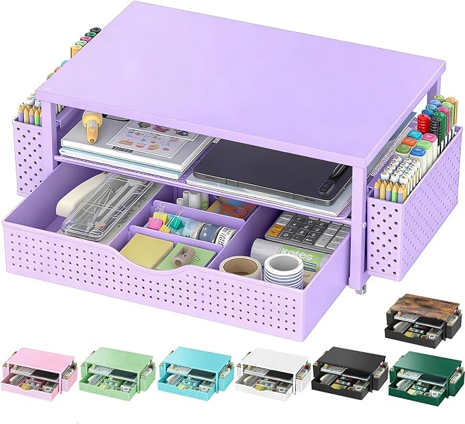 Spacrea Desk Organizer and Accessories, Computer Monitor Stand Riser with Drawer and 2 Pen Holders, Office Desk Accessories & Workspace Organizers for Office Supplies (Purple) by Spacrea