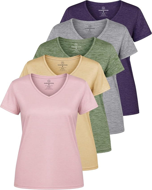 5 Pack Women's Dry Fit V Neck Workout Tops T Shirts Athletic Gym Yoga Tees | Available In Plus Size, Cooling Moisture-Wicking, Short Sleeve, Quick-Dry, Fitness, Stretch, Exercise, Running, Hiking by RealEssentials