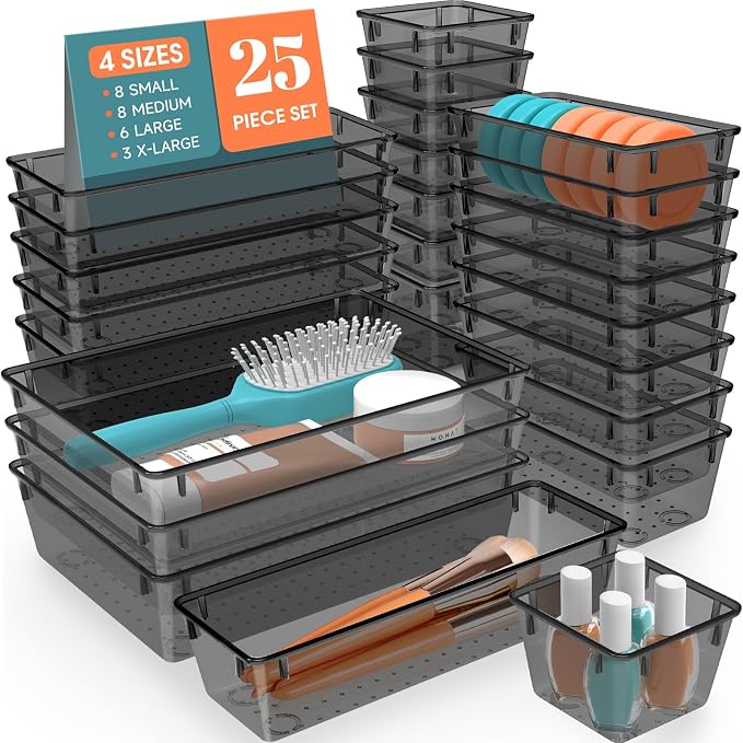 SpaceHacks 25 PCS Plastic Drawer Organizer Set, 4-Size Versatile Organizer Tool Trays & storage Bins for Makeup, Jewelry, and Gadgets in Bathroom, Bedroom and Office,Clear Black by SpaceHacks