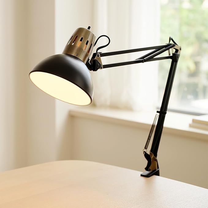 Globe Electric 62000009 32" Multi-Joint Desk Lamp with Metal Clamp, Matte Black, Antique Brass Accents, On/Off Rotary Switch on Shade, Partially Adjustable Swing Arm, Home Décor, Office Accessory - Image 3