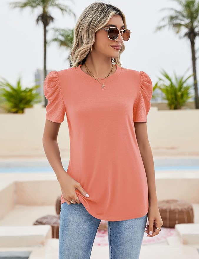 Ivicoer Puff Short Sleeve Shirt for Women Eyelet Tops Summer Crewneck Blouse Loose Fit S-XXL - Image 2
