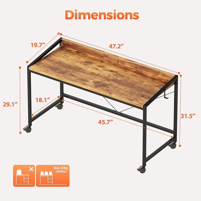 Mericonia 47x20 Inch Small Computer Desk with Wheels & Rear Lip | Simple Rolling Desk, Writing Table for Home Office Bedroom Work Study, Brown - Image 2