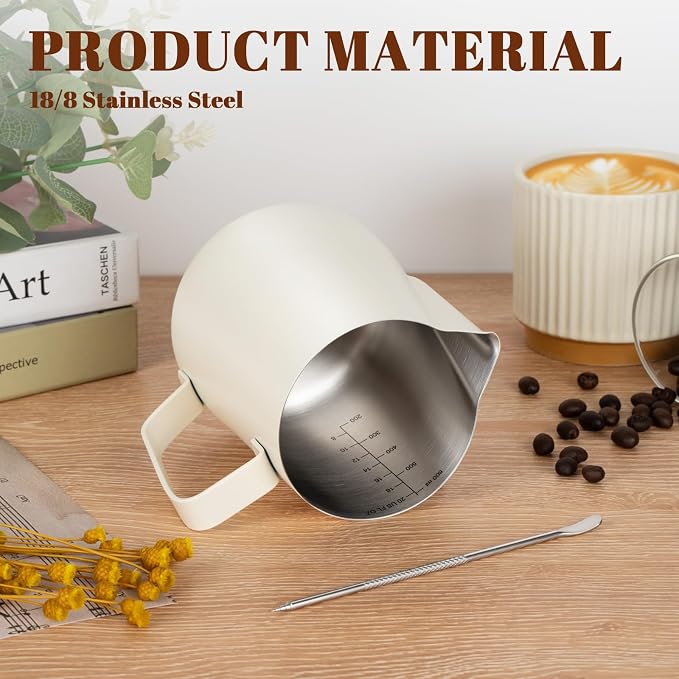 Amrules Milk Frothing Pitcher, 20oz Milk Frother Cup with Clear Scale, 304 Stainless Steel Cappuccino Espresso Machine Accessories for Barista Coffee Bar with Latte Art Pen, White - Image 5