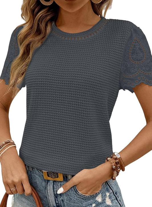 SHEWIN Womens Frenchy Summer Tops Crewneck Short Sleeve T Shirts Casual Waffle Knit Jacquard Blouses Top Shirts by SHEWINBeYourFashionStylist