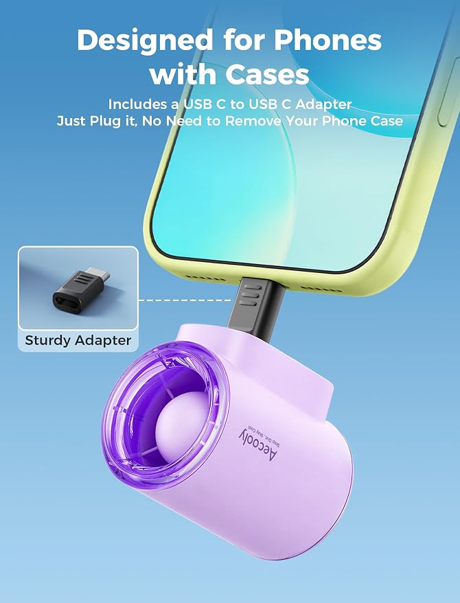 Aecooly Powerful USB C Phone Fan, 17000 RPM High Speed, Compatible with iPhone, iPad, Tablet, 4 Speed Mini Portable Cell Phone Fan Attachment for Summer, Travel, Gifts for Women-Purple - Image 5