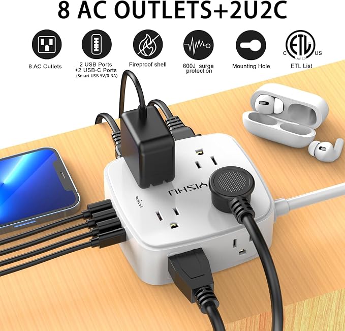 6 Ft Surge Protector Power Strip - 8 Widely Outlets with 4 USB Ports, 3 Side Outlet Extender with 6 Feet Extension Cord, Flat Plug, Wall Mount, Desk USB Charging Station, ETL,White - Image 2