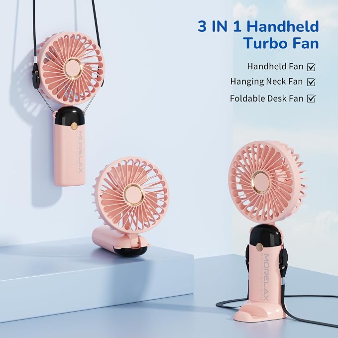 Morelax Handheld Mini Fan,USB Rechargeable Fodable Personal Fans 4000mAh,90 Adjustable, 6 Speed Strong Wind,Portable Fan Pocket Design 5 IN 1Cooling Table Fan for Office School Outdoor Travel,Pink - Image 4