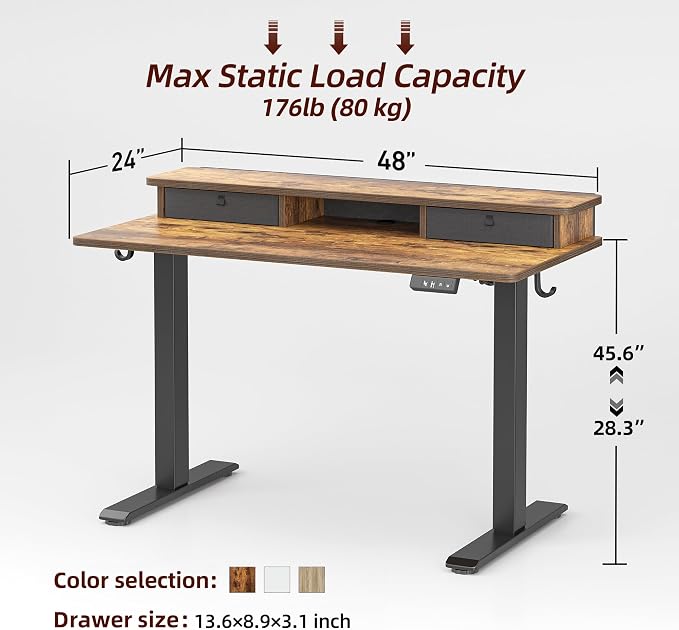 TIQLAB Standing Desk with Two Drawers, Stand Up Standing Desk Adjustable Height, Electric Sit Stand Table with Storage Shelf and Splice Board, 48 * 24 inch, Rustic Brown - Image 3
