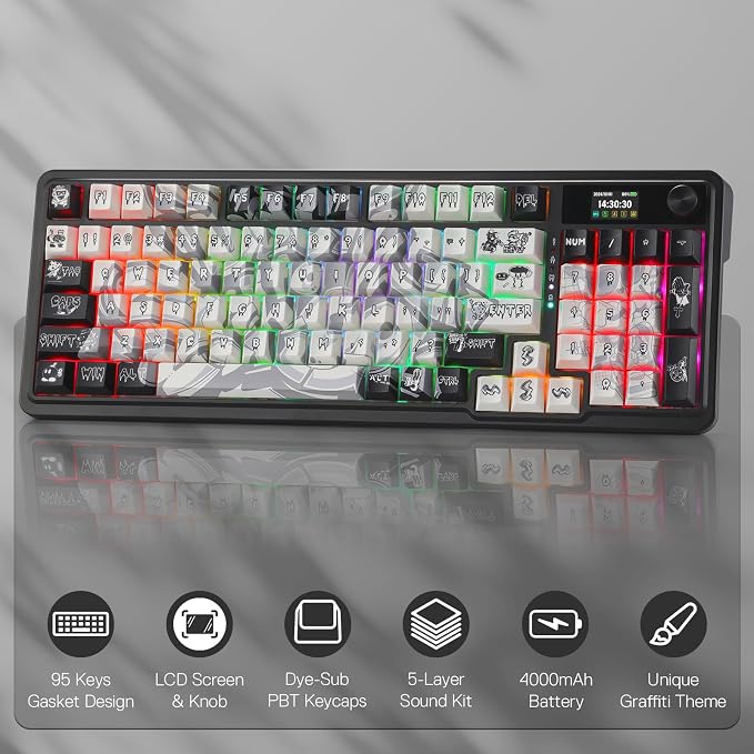 Redragon K719 PRO Wireless 95-Key Gasket Gaming Keyboard, TFT Screen & Knob | Easy-Control LED Info Display, 0-Delay Tri-Mode, Cushioned 5-Layer Noise Dampening for Creamy Thocky Sound, Practical 95 keys - Image 2