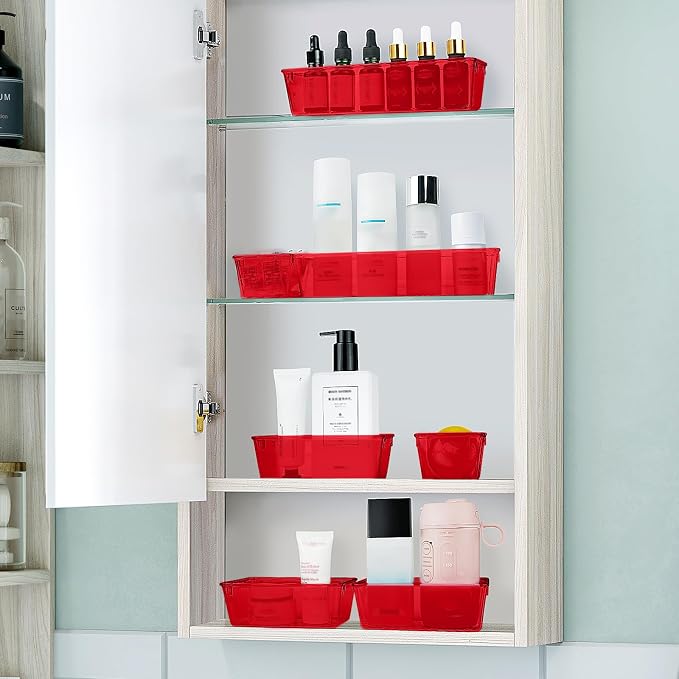 WOWBOX 25 PCS Plastic Drawer Organizer Set, 4 Sizes Desk Drawer Divider Organizers and Storage Bins for Makeup, Jewelry, Gadgets for Kitchen, Bedroom, Bathroom, Office, Clear Red - Image 6