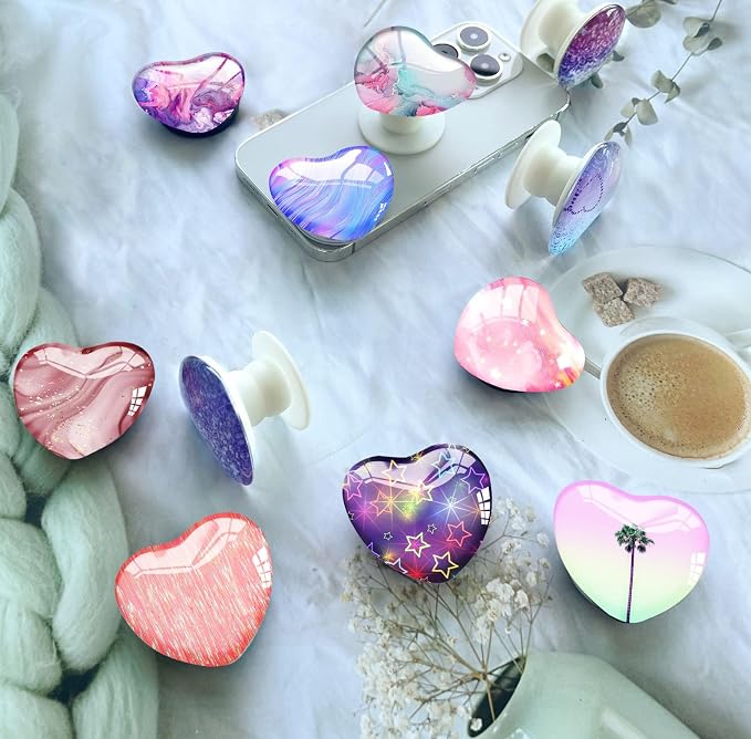 Luhoit Expandiing Cell Phone Grip Heart Shape Glass Finger Holder for Smartphones, Cellphone Collapsible Stand - Pink Star - Image 6