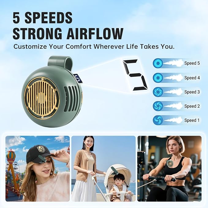 Wearable Waist Fan Rechargeable, 360° Rotating Clip-On Personal Fan 5-Speed Bladeless Portable Cooling Fan for Shirt, Outdoor Work, Construction, Camping, Gardening,Office, Travel Essentials Green - Image 4