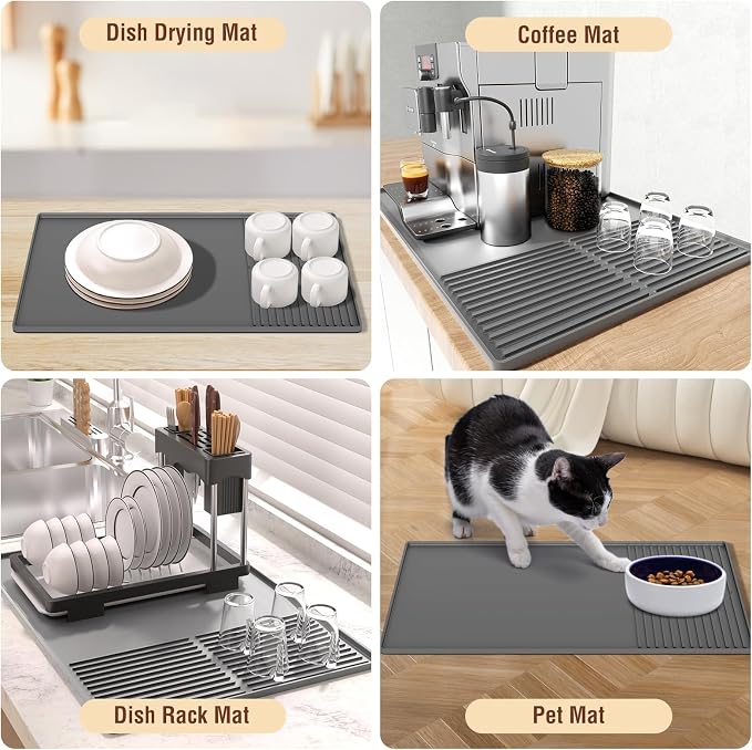 Silicone Coffee Mat with Raised Edges, 20'' X 12'', Bar Mat for Countertops, Fits Under Coffee Maker, Espresso Machine, Dish Drying Mat (GRAY) - Image 7
