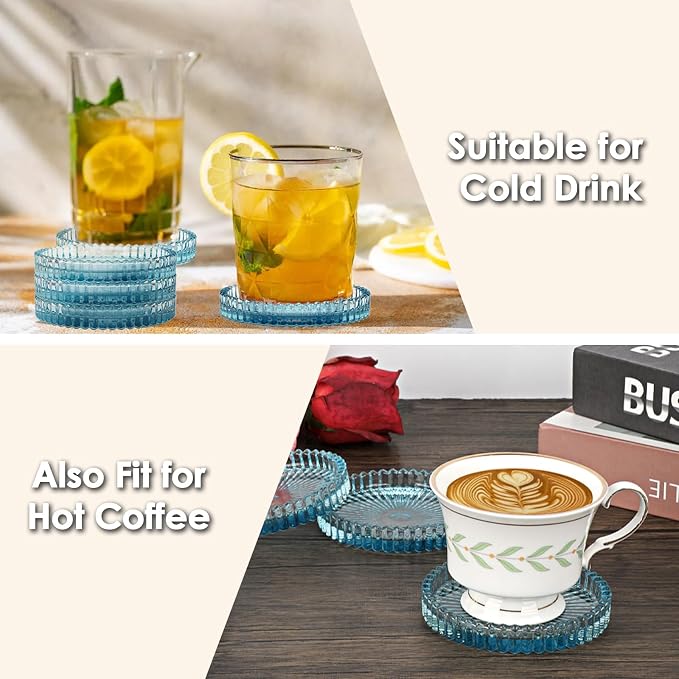 Modern Clear Coaster Set of 5- Glass Coasters for Drinks Crystal Coasters Round Cup Mat Coffee Table Decor for Office, Kitchen, Bar, Dining Room, Living Room, Patio(Clear Blue) - Image 5