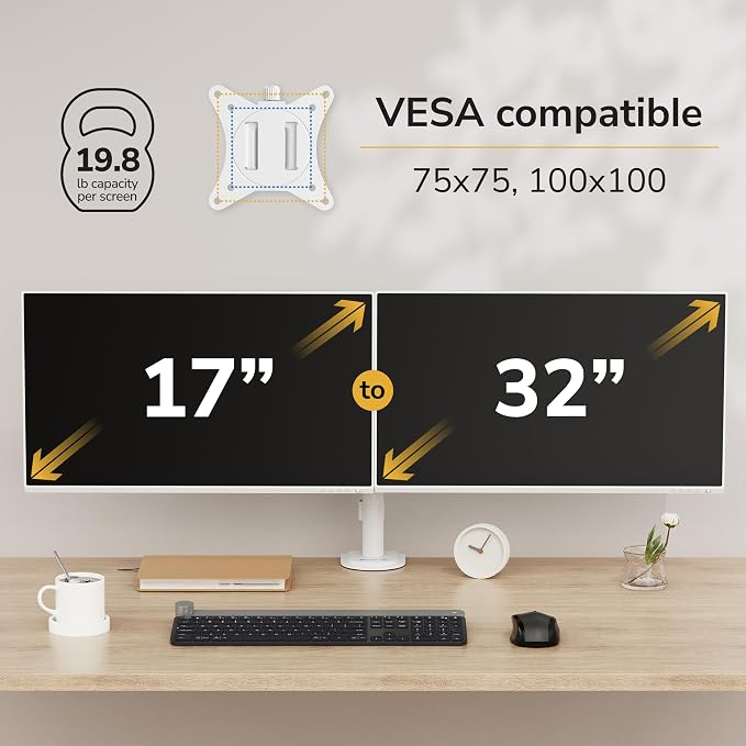 Mount-It Dual Monitor Arm for Desk, Full Motion Steel Mount 17-32 Inch | Holds up to 19.8 lbs per Arm, VESA 75x75 100x100, C-Clamp and Grommet Base, Cable Management, Height Adjustable, White - Image 4