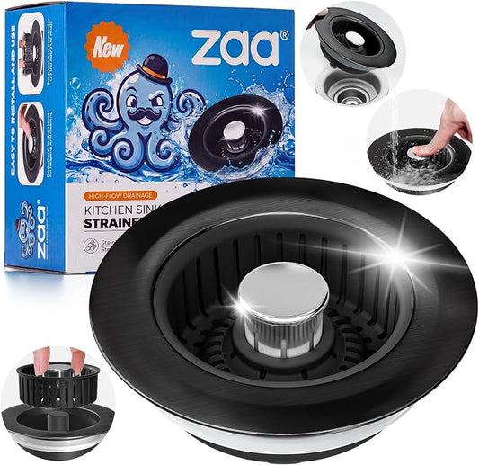 zaa 3 in 1 Kitchen Sink Drain Strainer Stopper Removable Basket Pop-Up | Kitchen Sink Accessories 1 Pack All Black Stainless - Food Catcher, Odor-Blocking Seal, Fits 3.5" Drain by zaa