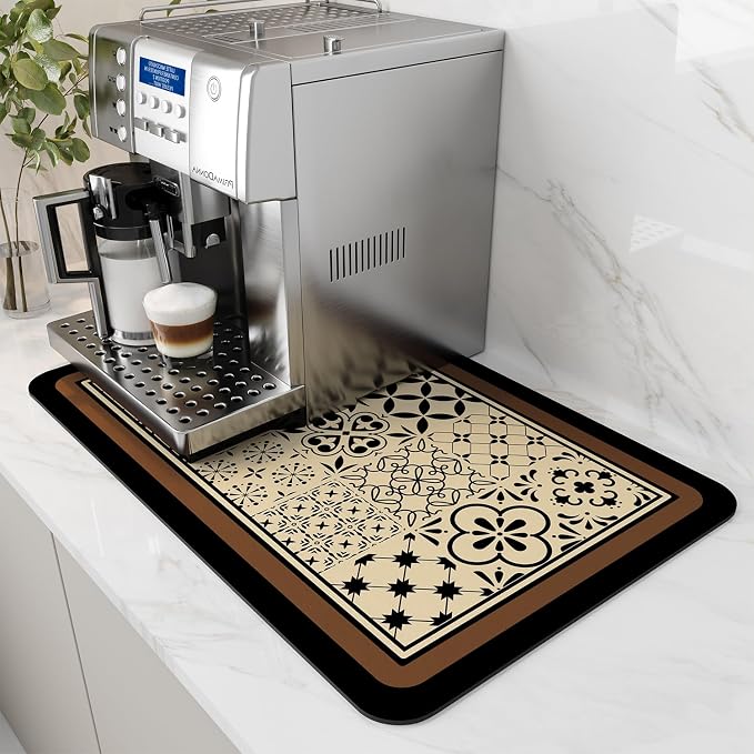 AMOAMI Coffee Mat - Hide Stain Rubber Backed Absorbent Dish Drying Mat for Kitchen Counter - Fits Under Coffee Maker - Khaki 12X19 by AMOAMI