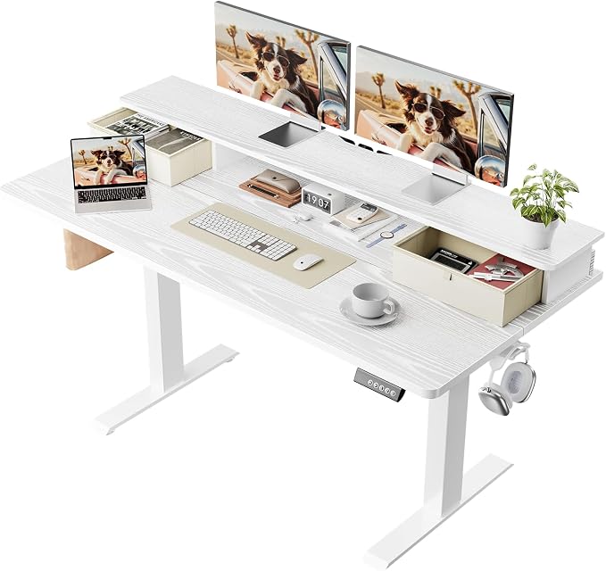 Veken 55x26 in Electric Standing Desk with Drawers, Adjustable Table, White | Stand up Computer Desk for Home Office, Work & Study, with Storage, 3 Memory Presets, Cable Organizer, Hook, and Quiet Lift. by Veken