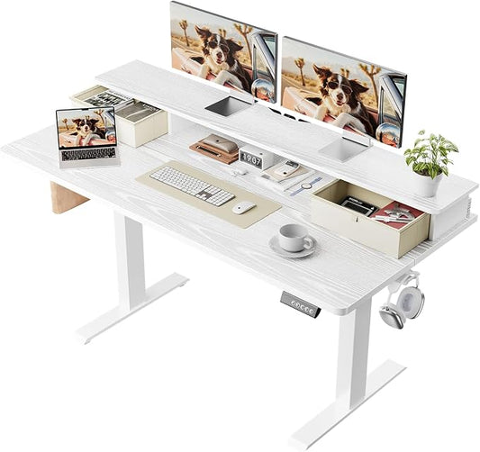 Veken 55x26 in Electric Standing Desk with Drawers, Adjustable Table, White | Stand up Computer Desk for Home Office, Work & Study, with Storage, 3 Memory Presets, Cable Organizer, Hook, and Quiet Lift. by Veken