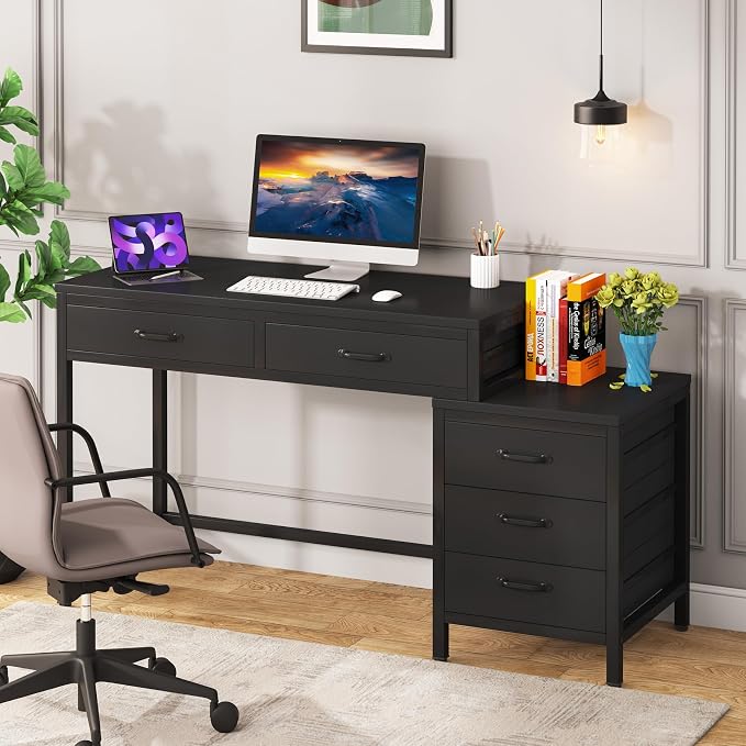 Tribesigns Computer Desk with 5 Drawers, Reversible Home Office Desks | Small Desk with Drawer Cabinet Printer Stand, PC Desk with Storage, Black Study Writing Table Workstation for Small Spaces - Image 7