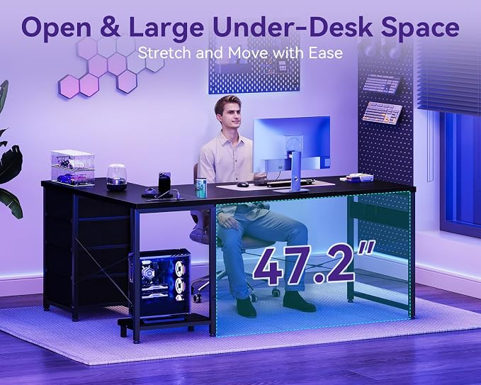 AODK 61" L Shaped Gaming Desk with 4 Drawers and Power Outlets, Black | USB Ports, PC Tower Stand, Hooks, Reversible Corner Layout for Gaming Rooms, Bedrooms and Home Office - Image 6