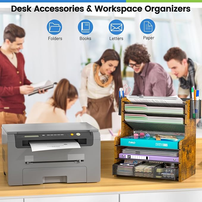 DAOUTIME 6-Tier Mesh Desk Organizer with Drawer, Wooden Office Organizer for Papers, Folders & Office Supplies - Sturdy Desktop File Holder with 2 Pen Holders - Space Saving Home Office Accessories - Image 6