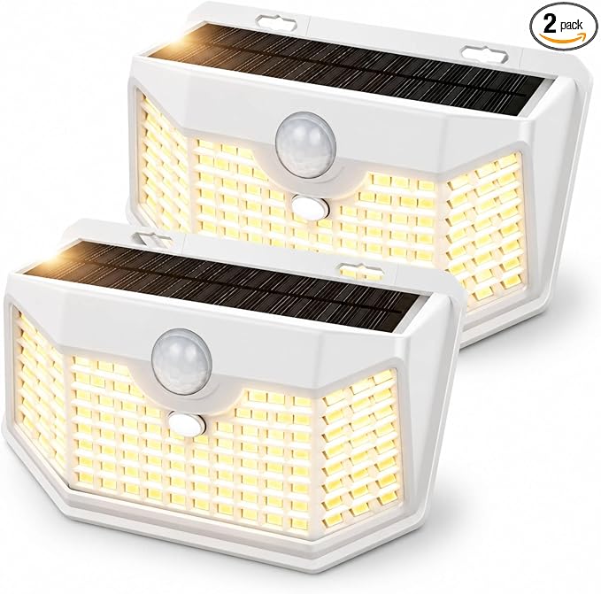 HMCITY 120 LED Solar Lights Outdoor with Motion Sensor and 3 Lighting Modes, IP65 Waterproof Wide Solar Wall Lights Ideal for Garden Patio Yard (Front Button 2Packs, White Shell-Warm White) by LightingUpYourLife