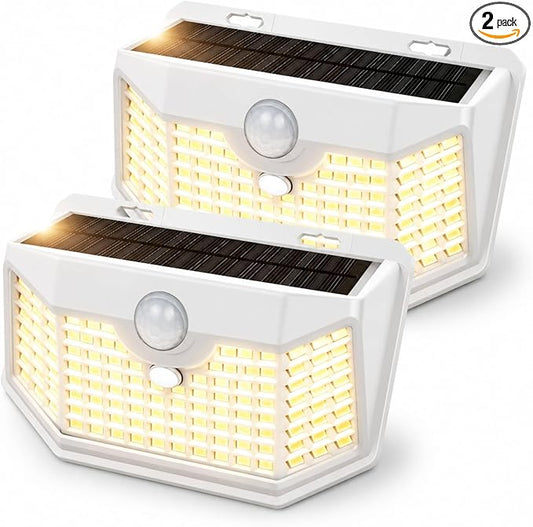 HMCITY 120 LED Solar Lights Outdoor with Motion Sensor and 3 Lighting Modes, IP65 Waterproof Wide Solar Wall Lights Ideal for Garden Patio Yard (Front Button 2Packs, White Shell-Warm White) by LightingUpYourLife
