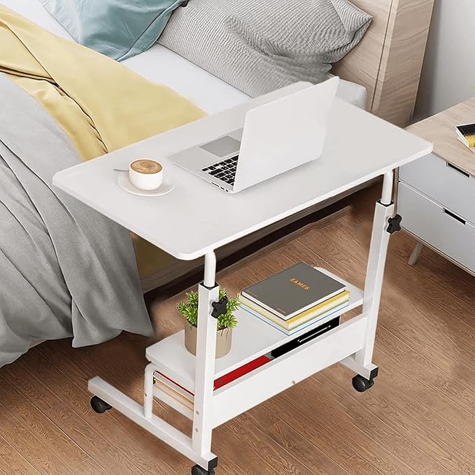 Adjustable Height Mobile Computer Desk for Small Space Rolling Writing with Wheels Corner Home Office Study Portable Bedrooms Work Size 31.5x15.7 Inch Storage Gaming Table, White A - Image 2