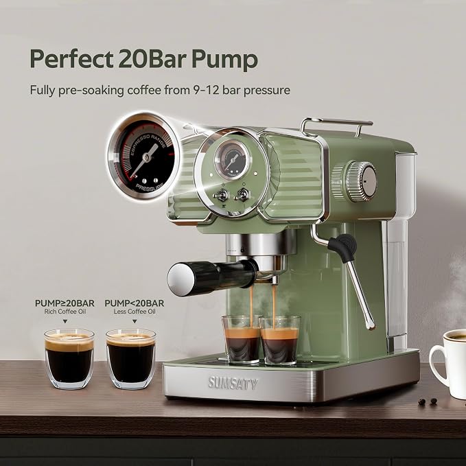 SUMSATY 20 Bar Espresso Machine Retro with Powerful Milk Frother, Green | Visual Pressure Gauge Espresso Coffee Machine 1350W Fast Heating Home Barista for Cappucino Latte Maker, 61oz Water Tank - Image 4