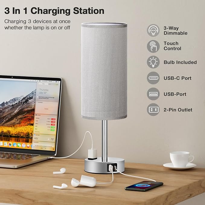 Fenmzee Grey Nightstand Table Lamp for Bedroom - 3 Way Dimmable Bedside Lamp USB C A Charging Ports and AC Outlet, Small Table Lamp Silver Base for Living Room, Office Desk, LED Bulb Included - Image 3