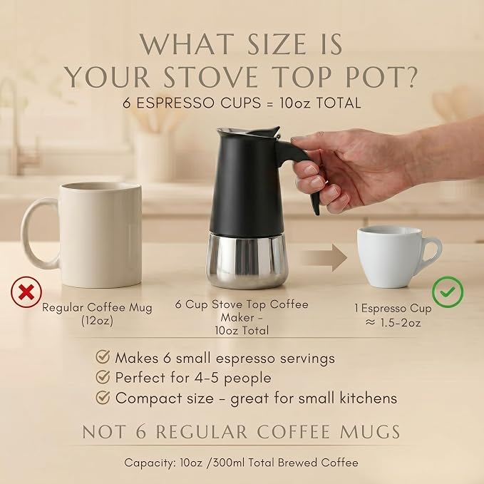 Mixpresso 6 Cup Greca Moka Pot, Stainless Steel Stovetop Espresso Maker | 300ml/10oz Italian stovetop coffee maker with classic percolator design, ideal for preparing coffee at home or while camping - Image 4