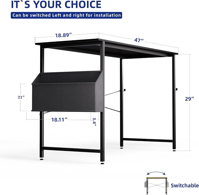 Pamray 47 Inch Computer Desk for Small Spaces with Storage Bag, Home Office Work Desk with Headphone Hook, Small Office Desk Study Writing Table - Image 3