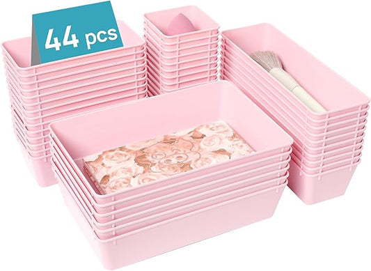 Vtopmart 44 PCS Plastic Drawer Organizers Set, Vanity Organizer Trays, Pink | 4-Size Versatile Makeup Organizer, Non-Slip Storage Containers for Makeup, Jewelries, Bedroom，Kitchen Utensils and Office by Vtopmart