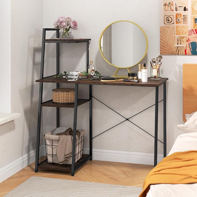Giantex Computer Desk with Shelves, 47.5” Home Office Desk with Bookshelf, Host Stand, Metal Frame, PC Laptop Workstation, Modern Study Writing Desk for Bedroom, Small Space (Rustic Brown & Black) - Image 7