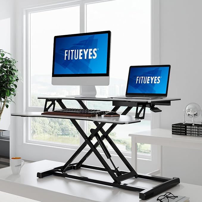 FITUEYES Height Adjustable Standing Desk 32” Wide Sit to Stand Converter Stand Up Desk Tabletop Workstation for Laptops Dual Monitor Riser White SD308003WW - Image 2