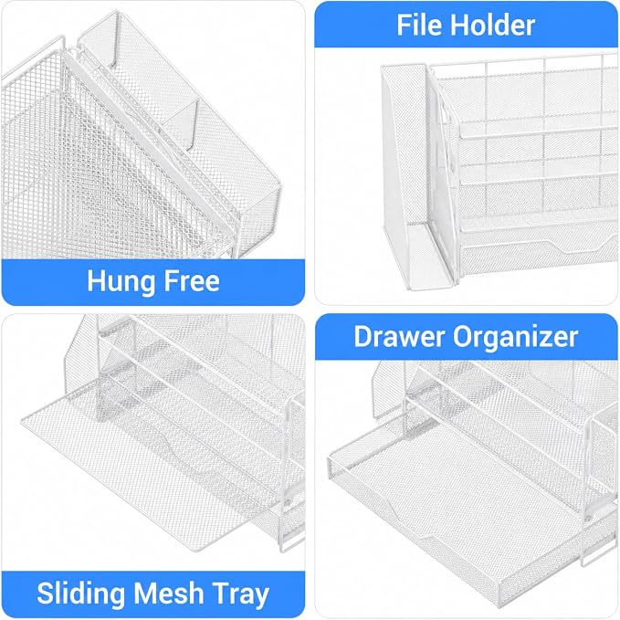 OPNICE Desk Organizers and Accessories, 4-Tier Desktop File Organizer with Drawer and Pen Holders, Office Desk Accessories Workspace Organizers for Office Supplies (White) - Image 6