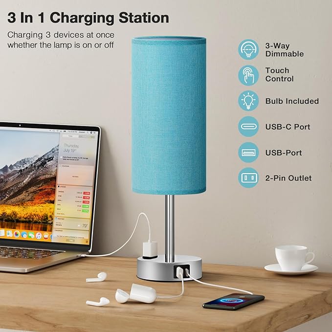 Fenmzee Turquoise Nightstand Table Lamp for Bedroom - 3 Way Dimmable Touch Lamp USB A and C Charging Ports and AC Outlet, Small Lamp for Office Desk with Metal Base, LED Bulb Included - Image 3