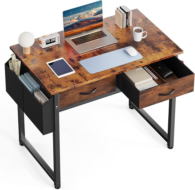 DUMOS 32-Inch Small Computer Desk with Drawers, Hook and Side Bag, Brown | Home Office Desk for Bedroom, Gaming Writing Study Desk with Adjustable Feet by DumosLifestyle