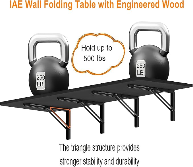 IAE 72x22in Floating Fold Desk,Wall-Mounted Folding Computer Table,Black | Study Table with Shelf Brackets,Foldable Down Shelf with Engineered Wood,Fold Computer Desk for Small Apartment,Holds 518 lb - Image 5