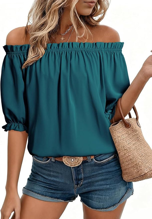 EVALESS Womens Tops Off The Shoulder Blouses for Women Dressy Casual Cute Puff Sleeve T Shirts Fashion 2026 by EVALESS