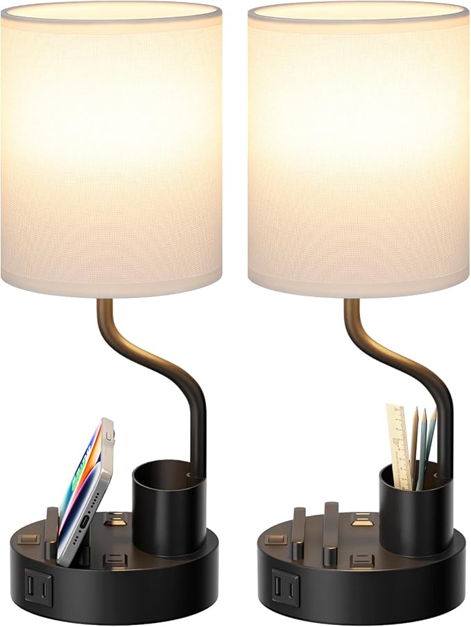 Fenmzee Bedside Lamps for Bedroom Set of 2 - Table Desk Lamp for Nightstand | 15" Table Lamp for Living Room with Pen Holder & Phone Stand, USB A+C Port, AC Outlet, 3 Color Temperature, LED Bulb Included - Image 8