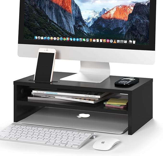 BONTEC Wooden Monitor Stand Riser, 2-Tier Desk Shelf with Storage Organizer, Ergonomic Computer Stand with Cable Management, Cellphone Holder, Black, 16.5 Inch by BONTEC