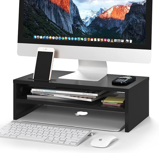 BONTEC Wooden Monitor Stand Riser, 2-Tier Desk Shelf with Storage Organizer, Ergonomic Computer Stand with Cable Management, Cellphone Holder, Black, 16.5 Inch by BONTEC