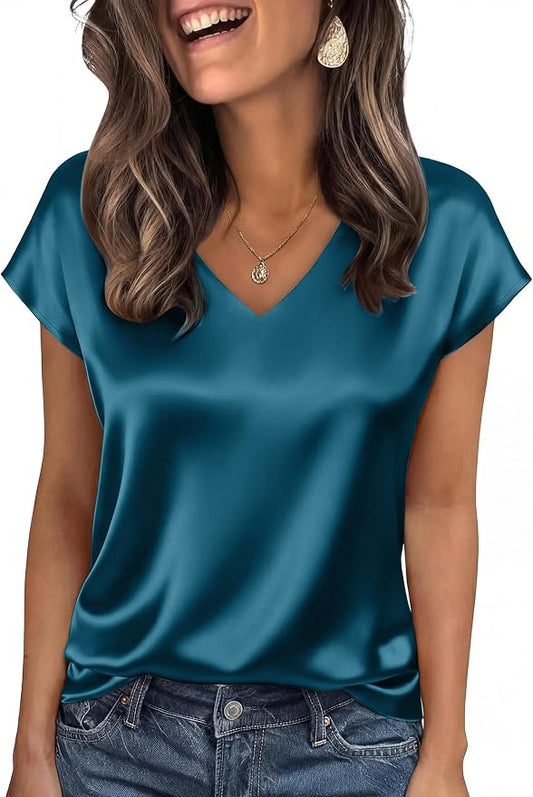 WIHOLL Womens Satin Summer Tops Cap Short Sleeve Blouses V Neck Shirts Business Casual Outfits Fashion Clothing 2026 by WIHOLL